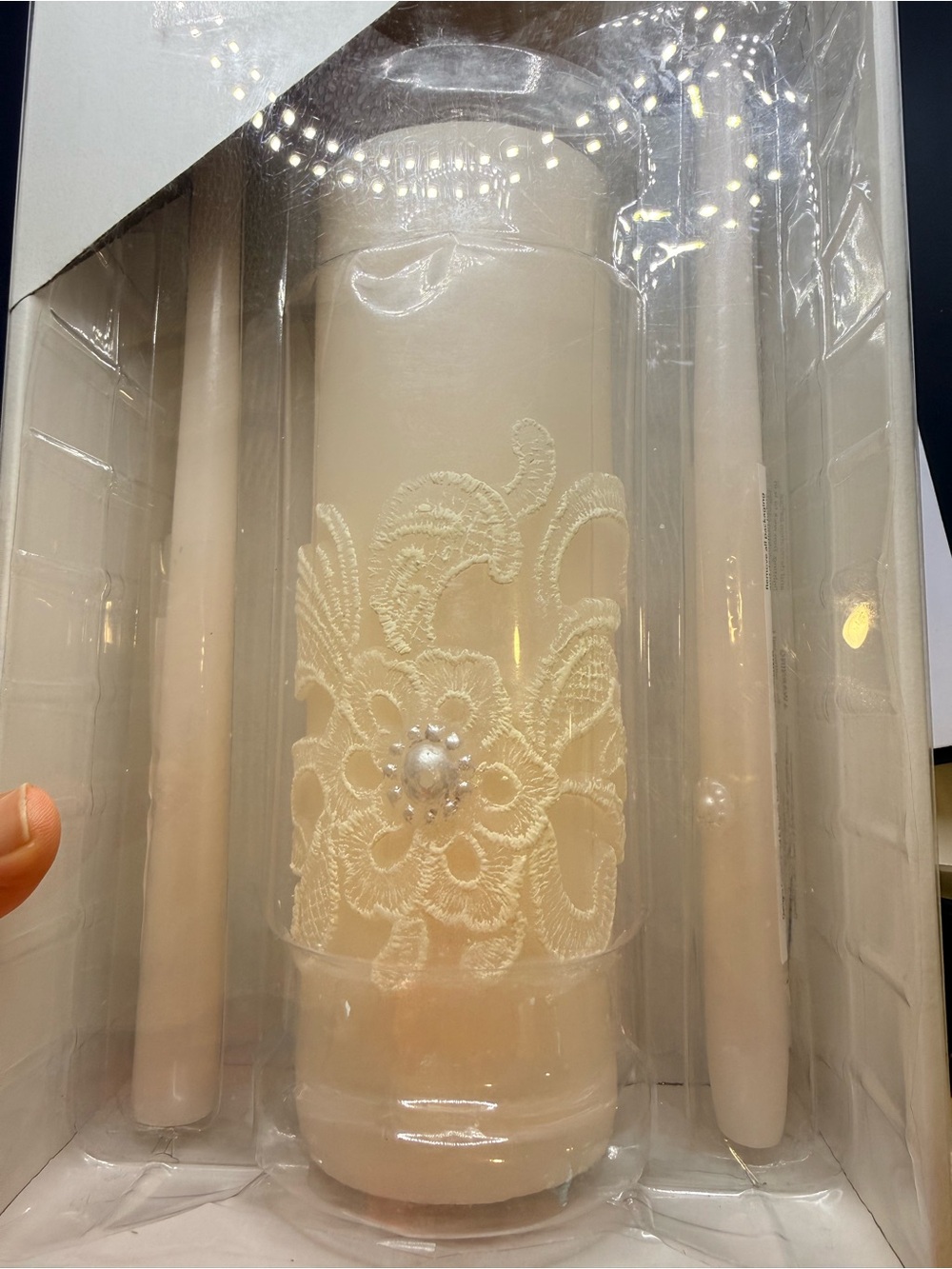 Ivory Lace Wedding Unity Candle Set with Pearl Detail